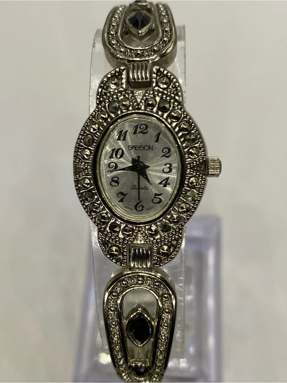 Designer ***  Silver-Tone  ^^^ Marcasite” Oval Bracelet Watch ***